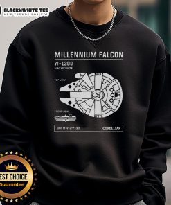 Alt Text: Cozy sweatshirt featuring the iconic Millennium Falcon YT-1300 light freighter from Star Wars, perfect for fans.