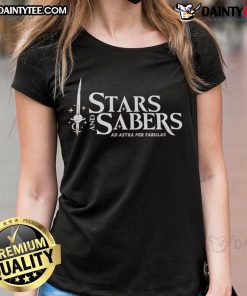 Good Stars and Sabers Ad Astra Per Fabulas ladies tee featuring a stylish design for fans of space and fantasy adventures.