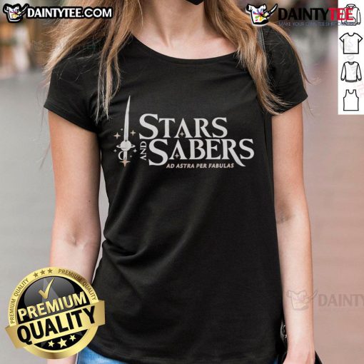 Good Stars and Sabers Ad Astra Per Fabulas ladies tee featuring a stylish design for fans of space and fantasy adventures.