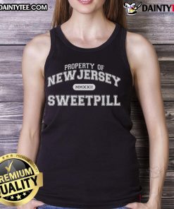 Good Sweet Pill Property of New Jersey tank top design featuring vibrant graphics and trendy style for casual wear.