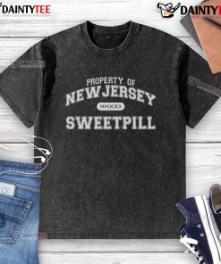 Good Sweet Pill Property of New Jersey washed t-shirt featuring a vintage design and soft fabric, perfect for casual wear.