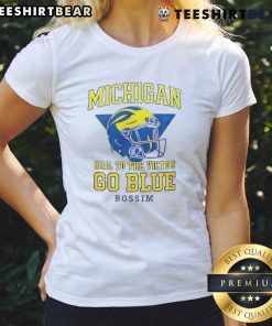 Alt Text: Good Taylor Lewan Michigan Hail To The Victors Go Blue Bossim Ladies Tee showcasing vibrant team colors and logo.