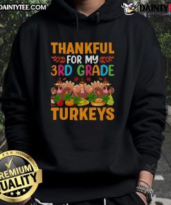 Kid wearing a 'Thankful for My 3rd Grade Turkeys' Thanksgiving hoodie, celebrating the holiday in style.