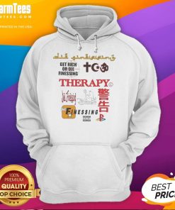 Good Therapy Get Rich or Die Finessing Hoodie in black, featuring bold lettering and a stylish design for streetwear enthusiasts.