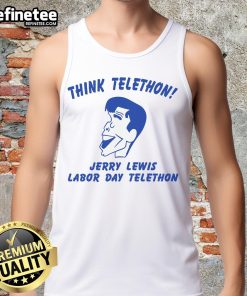 Jerry Lewis wearing a Good Think Telethon tank top during the Labor Day Telethon, promoting charity and entertainment.