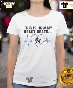 Miami Marlins ladies tee featuring 'Good, This Is How My Heart Beats' design, perfect for female baseball fans.