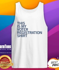 Alt Text: Woman wearing a 'Good-This-Is-My-Voter-Registration-Tank-Top' promoting civic engagement and voting awareness.