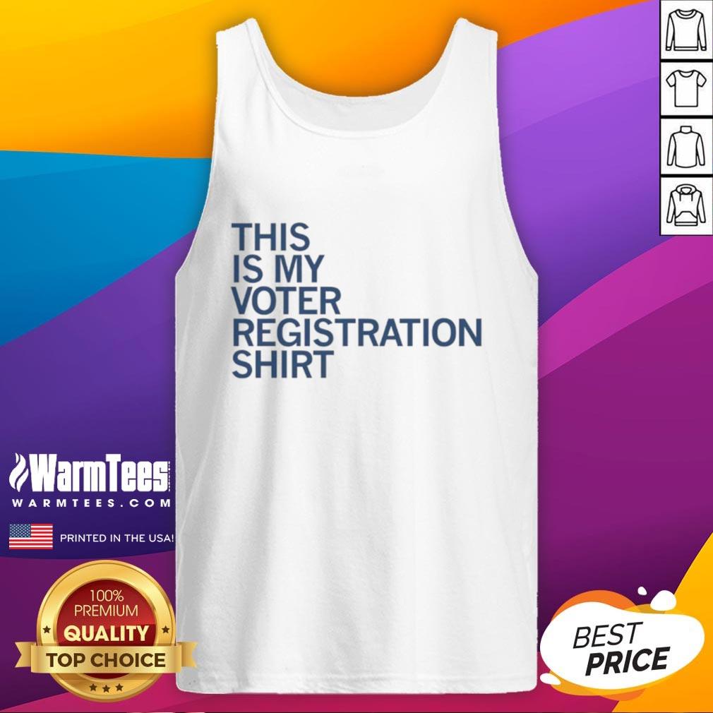 Good This Is My Voter Registration Tank Top Alt Text: Woman wearing a 'Good-This-Is-My-Voter-Registration-Tank-Top' promoting civic engagement and voting awareness.