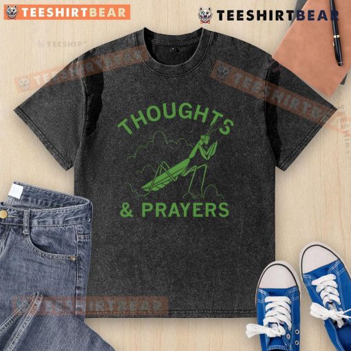 Good Thoughts & Prayers Mantis Washed T-Shirt featuring a vibrant mantis design on a soft fabric background.