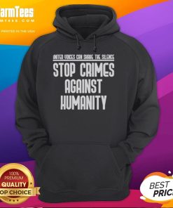 Good United Voices hoodie featuring 'Stop Crimes Against Humanity' slogan, promoting awareness and activism against injustice.