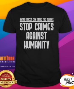 Good United Voices Can Shane The Silence Stop Crimes Against Humanity T-Shirt design featuring bold text and vibrant colors.