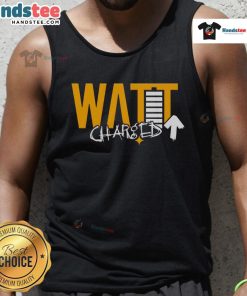 Model wearing a Good Watt Charged Up Tank Top, showcasing its stylish design and vibrant colors in a sunny outdoor setting.