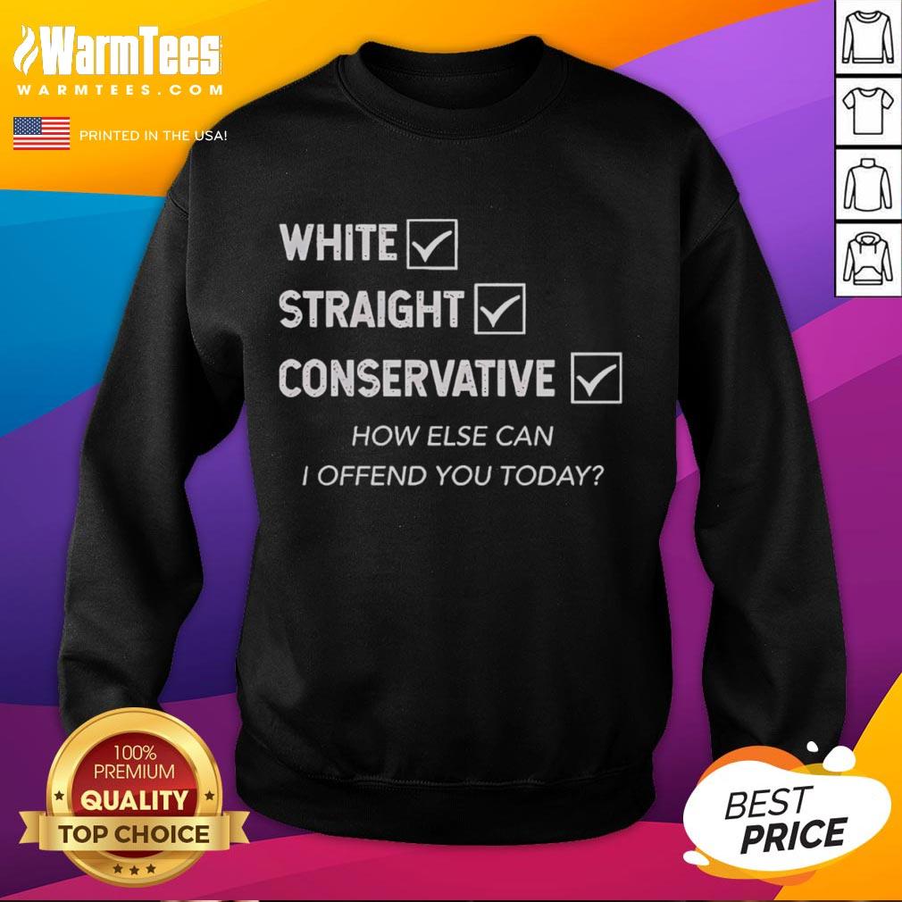 Good White Straight Conservative How Else Can I Offend You Today Sweatshirt Good White Straight Conservative sweatshirt featuring bold text for humor and self-expression in casual fashion.