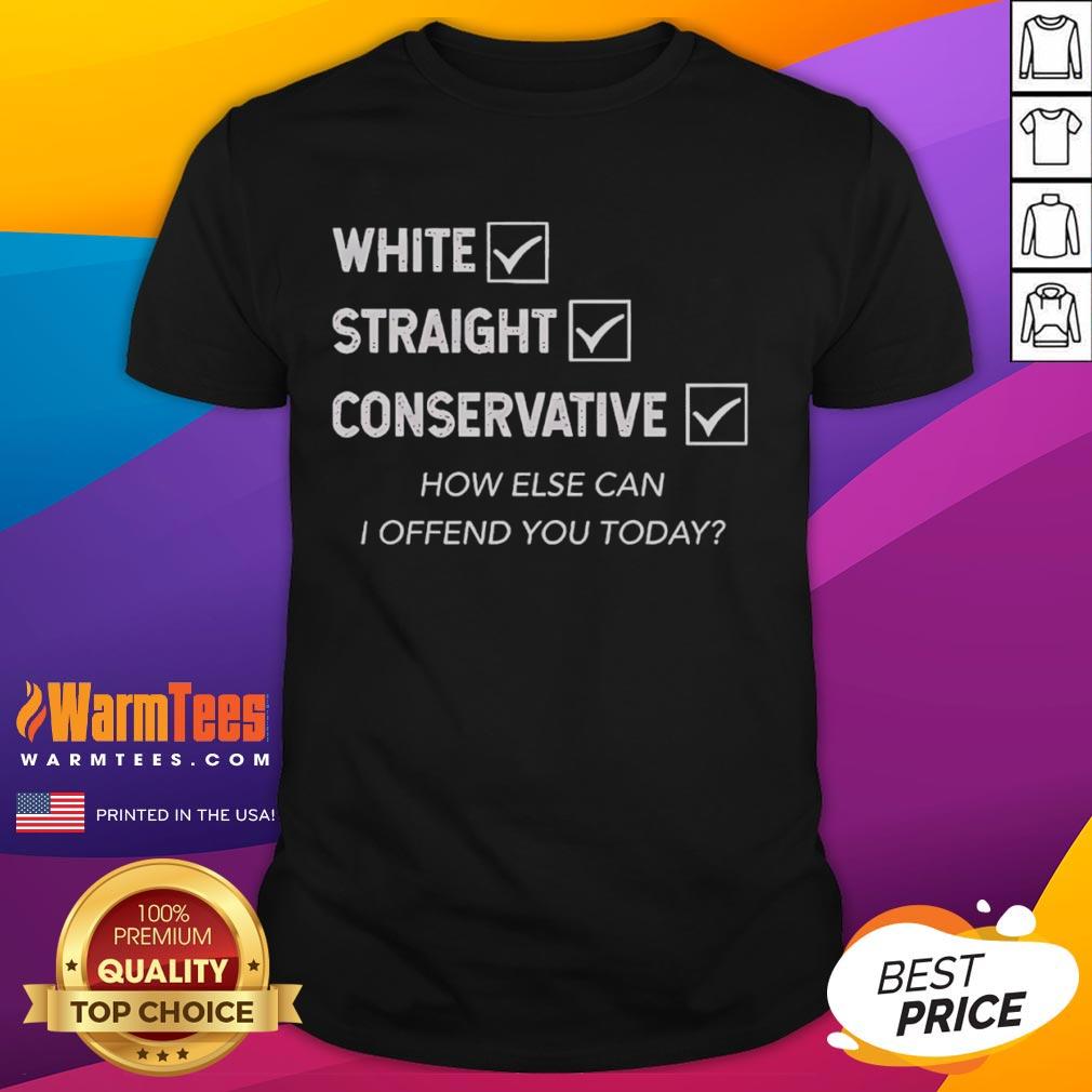 Good White Straight Conservative How Else Can I Offend You Today T Shirt Good White Straight Conservative How Else Can I Offend You Today T-Shirt design featuring bold text and a humorous message.