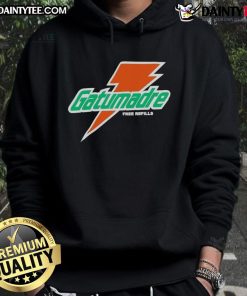 Good Will Kelly wearing an orange peel Gatorade hoodie with free refills logo, showcasing vibrant streetwear style.