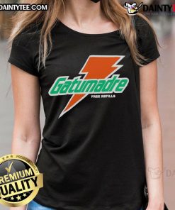 Good Will Kelly wearing an orange peel Gatorade tee with free refills logo, showcasing a stylish ladies' shirt.