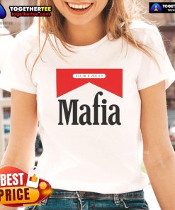 Alt Text: Happy Buffalo Mafia Marlboro logo on a stylish ladies tee, perfect for casual wear and showcasing unique fashion.