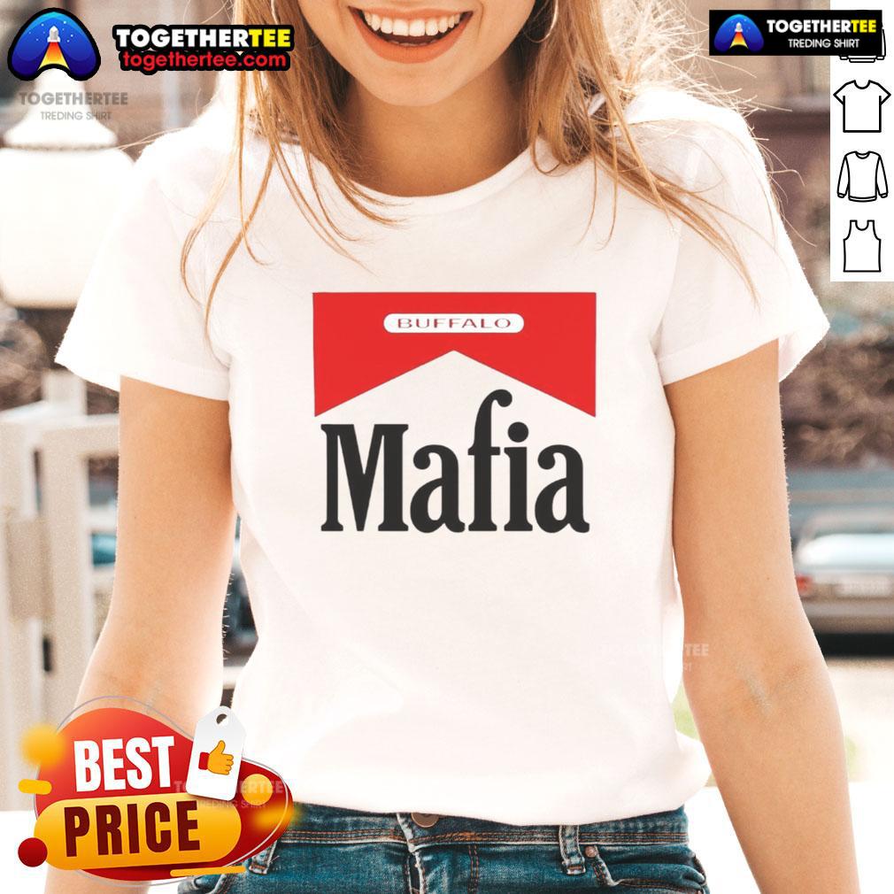 Happy Buffalo Mafia Marlboro Logo Ladies Tee Alt Text: Happy Buffalo Mafia Marlboro logo on a stylish ladies tee, perfect for casual wear and showcasing unique fashion.