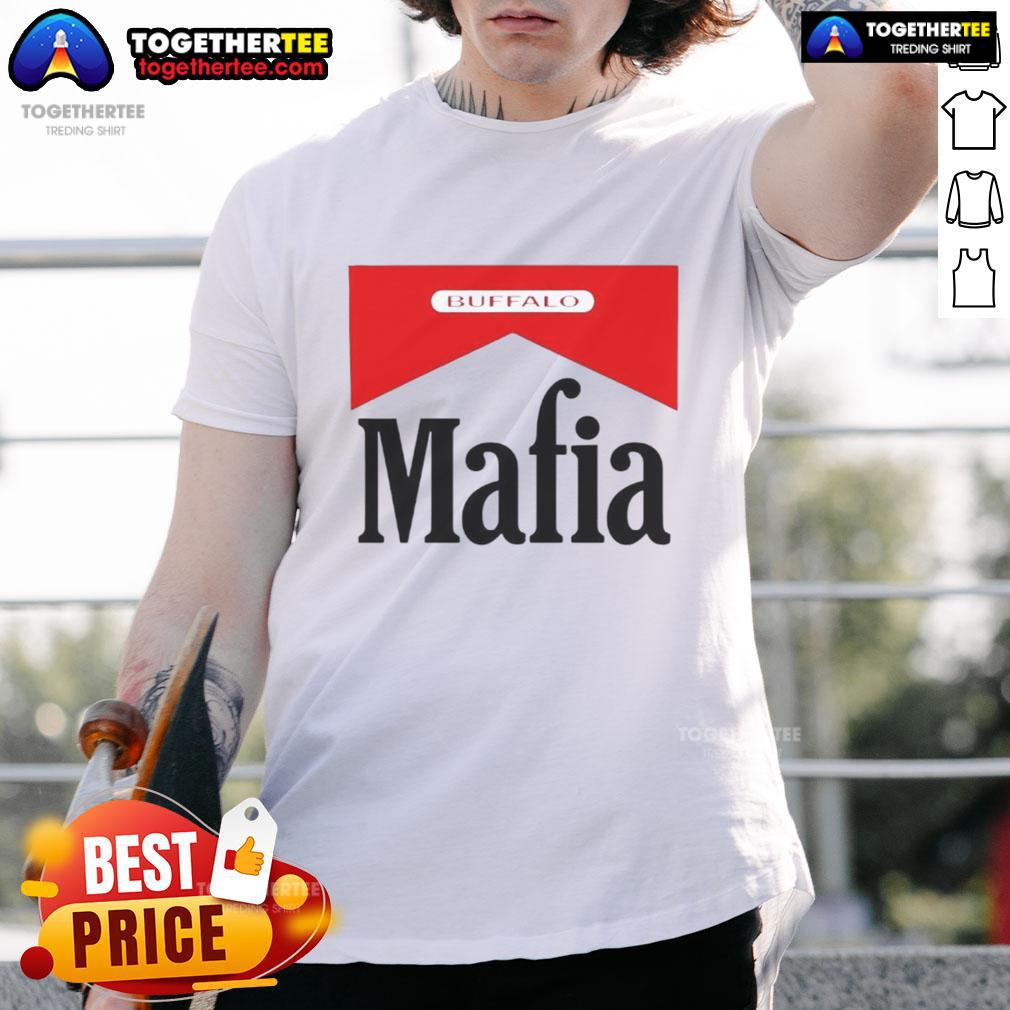 Happy Buffalo Mafia Marlboro Logo T Shirt Alt Text: Happy Buffalo Mafia Marlboro Logo T-Shirt featuring a vibrant graphic design and bold lettering, perfect for fans.
