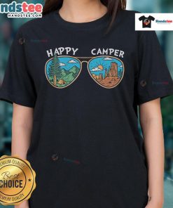 Happy Camper sunglasses graphic on a stylish ladies tee, perfect for summer adventures and outdoor fun.