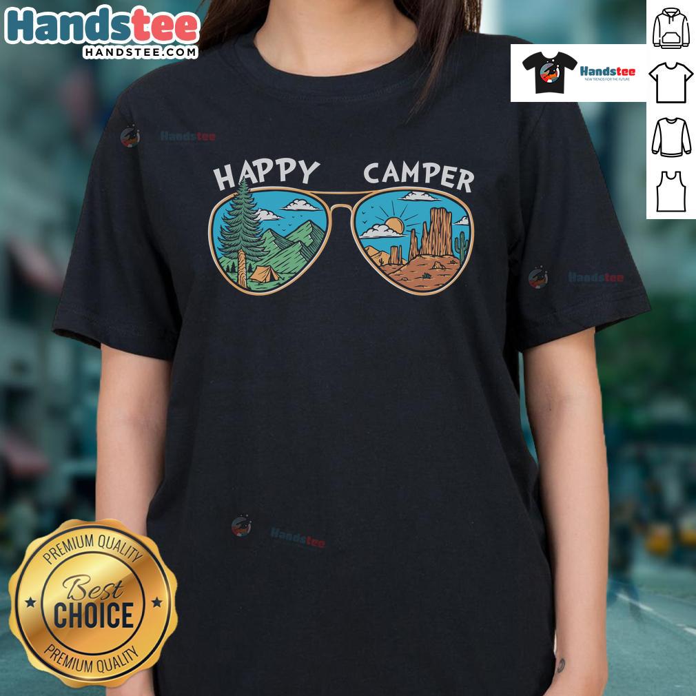 Happy Camper Sunglasses Ladies Tee Happy Camper sunglasses graphic on a stylish ladies tee, perfect for summer adventures and outdoor fun.