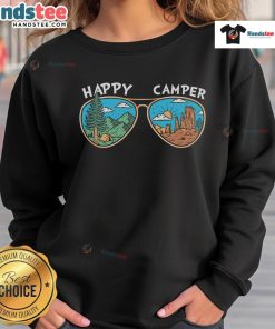 Cozy Happy Camper sweatshirt featuring vibrant sunglasses design, perfect for outdoor enthusiasts and casual wear.