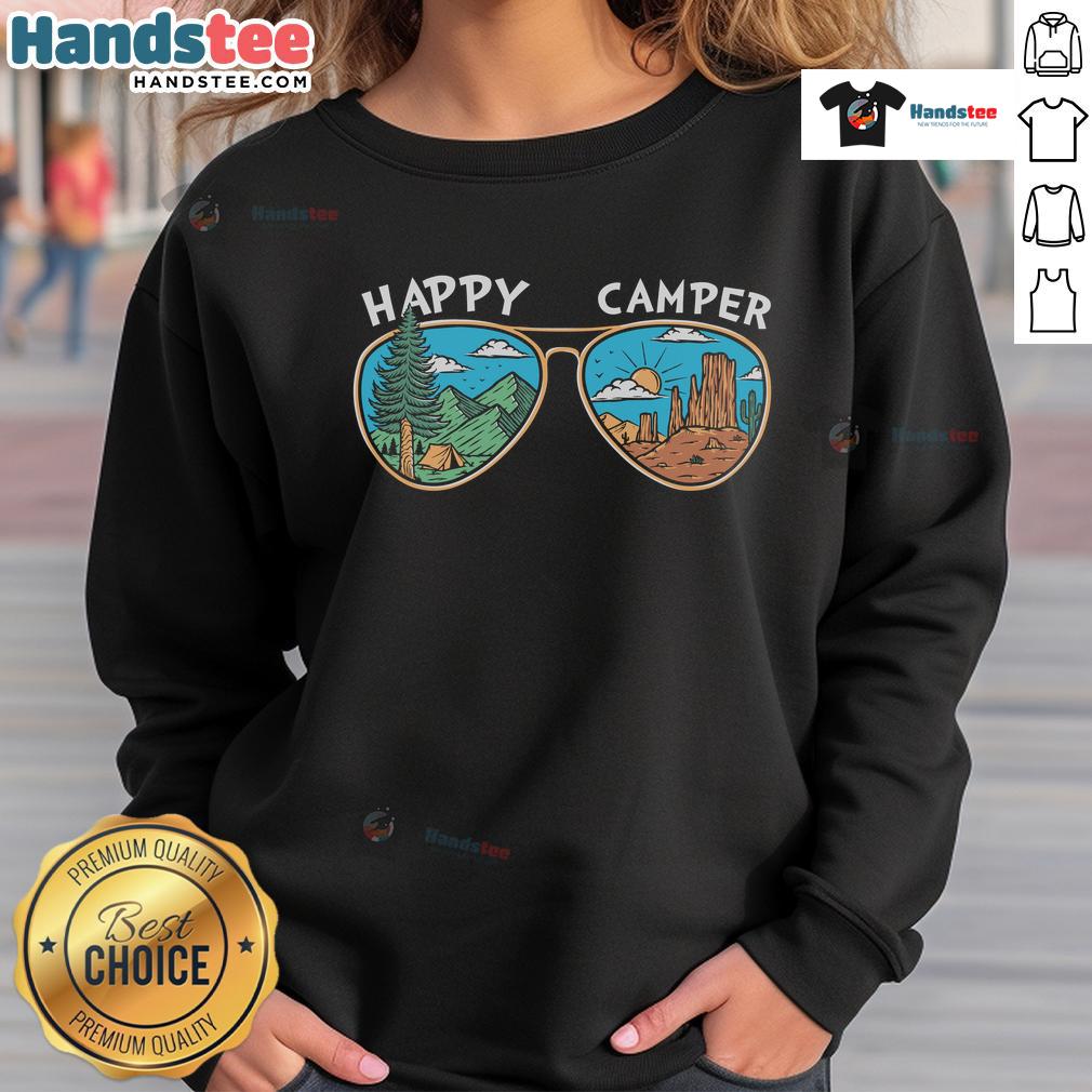 Happy Camper Sunglasses Sweatshirt Cozy Happy Camper sweatshirt featuring vibrant sunglasses design, perfect for outdoor enthusiasts and casual wear.