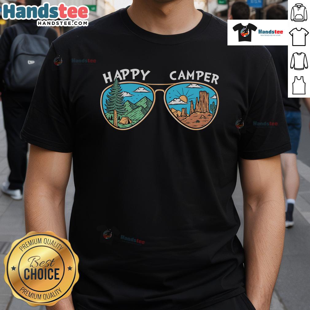 Happy Camper Sunglasses T Shirt Happy Camper Sunglasses T-Shirt featuring a vibrant graphic design perfect for outdoor enthusiasts and summer fun.