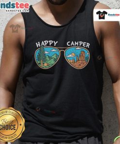 Happy Camper sunglasses tank top featuring a vibrant design, perfect for summer adventures and outdoor fun.