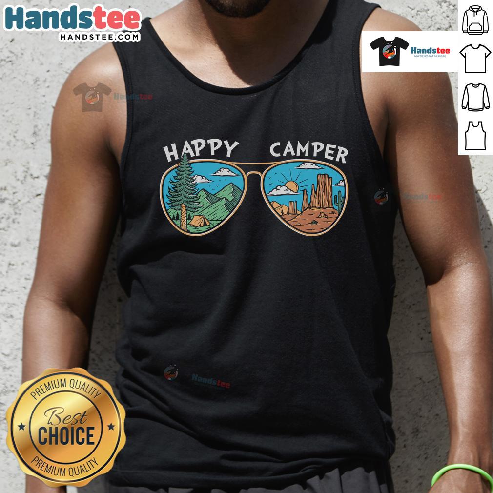 Happy Camper Sunglasses Tank Top Happy Camper sunglasses tank top featuring a vibrant design, perfect for summer adventures and outdoor fun.