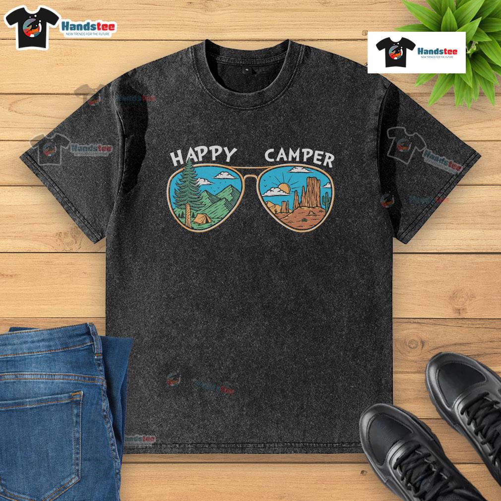Happy Camper Sunglasses Washed T Shirt Happy Camper Sunglasses Washed T-Shirt featuring a vibrant graphic design, perfect for outdoor enthusiasts and summer adventures.