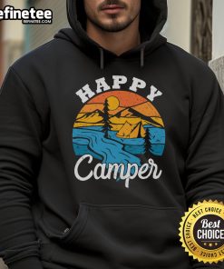 Happy Camper vintage camping tent in nature scene, perfect for outdoor enthusiasts, featured on a cozy hoodie.