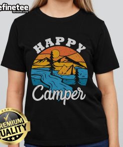 Happy camper vintage camping tent in a scenic nature backdrop, perfect for ladies who love outdoor adventures.