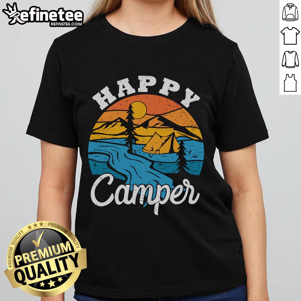 Happy Camper Vintage Camping Tent And Nature Scene Ladies Tee Happy camper vintage camping tent in a scenic nature backdrop, perfect for ladies who love outdoor adventures.