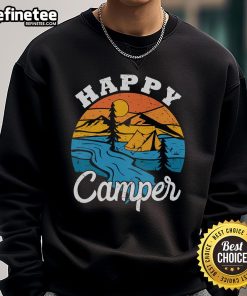 Alt Text: Cozy sweatshirt featuring a vintage camping tent and nature scene, perfect for happy campers and outdoor enthusiasts.