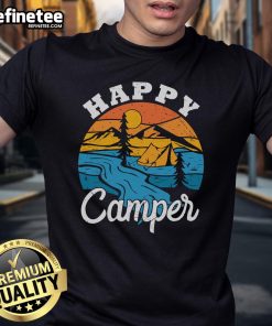 Alt Text: Happy Camper vintage camping tent and nature scene T-shirt design featuring a retro tent and scenic landscape.
