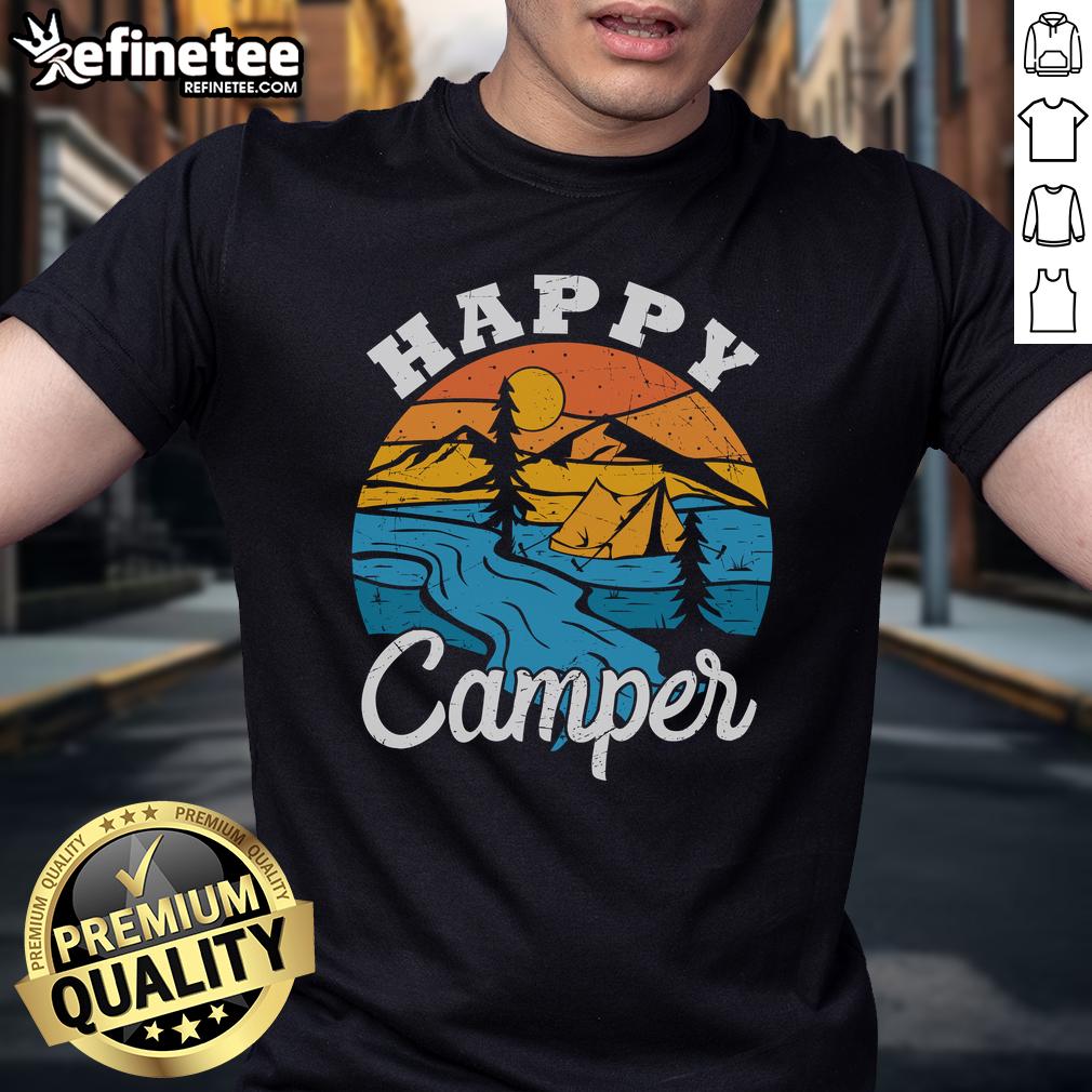 Happy Camper Vintage Camping Tent And Nature Scene T Shirt Alt Text: Happy Camper vintage camping tent and nature scene T-shirt design featuring a retro tent and scenic landscape.