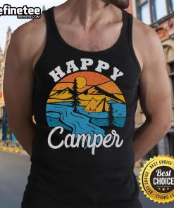 Happy Camper vintage camping tent in a serene nature scene on a stylish tank top, perfect for outdoor enthusiasts.
