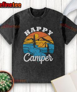 Happy Camper vintage camping tent in nature scene on a washed t-shirt, perfect for outdoor enthusiasts and camping lovers.
