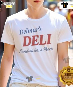 Alt Text: Happy Delmar's Deli Sandwiches & More T-Shirt featuring vibrant graphics and a fun design for sandwich lovers.