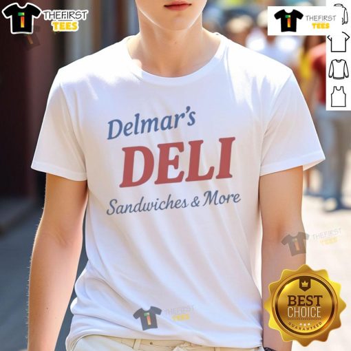 Alt Text: Happy Delmar's Deli Sandwiches & More T-Shirt featuring vibrant graphics and a fun design for sandwich lovers.