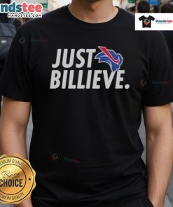 Happy Eric Wood wearing a 'Just Billieve' T-Shirt, showcasing a vibrant design perfect for fans and supporters.