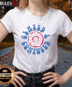 Happy Glazed and Confused donut ladies tee featuring playful donut graphics and vibrant colors for fun casual wear.
