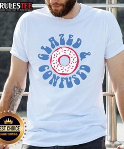 Happy Glazed And Confused Donut T-Shirt featuring a colorful donut graphic and playful text design.
