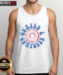 Happy Glazed and Confused donut tank top featuring a colorful donut graphic, perfect for casual summer outfits.
