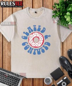 Happy glazed and confused donut design on a washed t-shirt, perfect for fun casual wear and donut lovers.