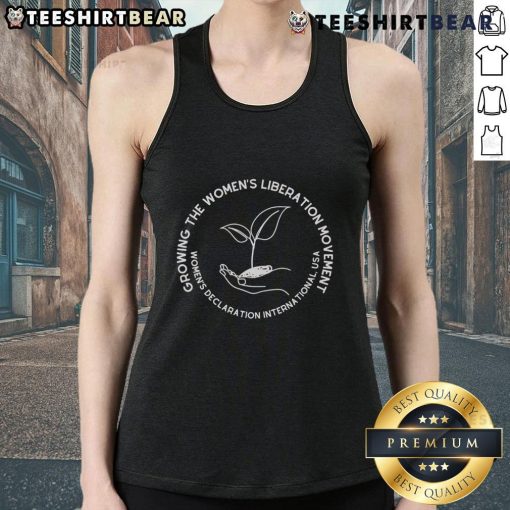 Alt Text: Happy Growing Women's Liberation Movement tank top featuring empowering design and vibrant colors for activists.