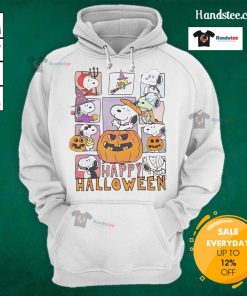 Alt Text: Happy Halloween Peanuts hoodie featuring Snoopy with a pumpkin, ghost, witch, and devil design.