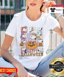 Alt Text: Happy Halloween Peanuts tee featuring Snoopy as a pumpkin, ghost, witch, and devil for festive celebrations.