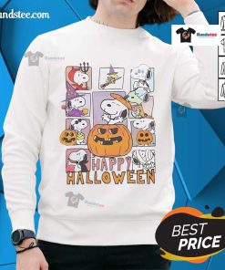Happy Halloween Peanuts sweatshirt featuring Snoopy as a pumpkin, ghost, witch, and devil for festive celebrations.